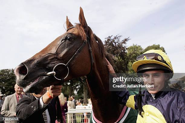 Ryan Moore and Notnowcato after landing The Juddmonte International Stakes Race run at York Racecourse on August 22, 2006 in York, England. The race...