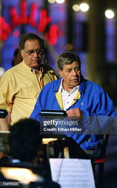 Producer Lee Miller and entertainer Jerry Lewis get ready to tape Lewis conducting the Las Vegas Philharmonic on the Strip for the show opener of the...