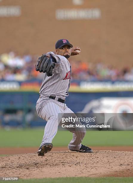 Johan Santana of the Minnesota Twins pitching during the game against the Detroit Tigers at Comerica Park in Detroit, Michigan on August 9, 2006. The...