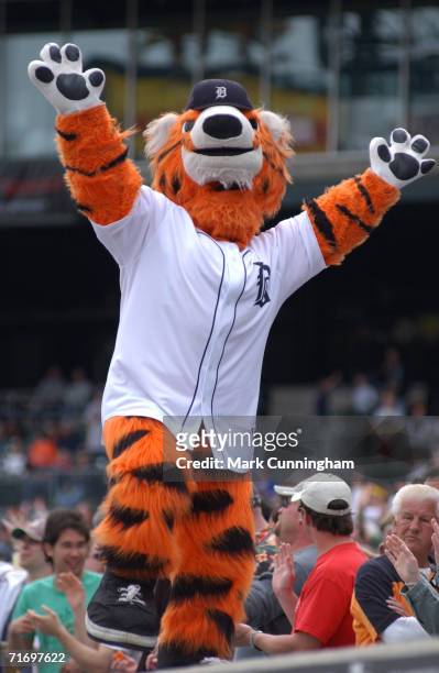 Paws, the Detroit Tigers mascot, during the game between the Minnesota Twins and the Detroit Tigers at Comerica Park in Detroit, Michigan on April...