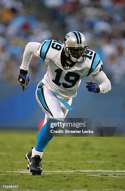 Wide receiver Keyshawn Johnson of the Carolina Panthers runs during the preseason game against the Buffalo Bills on August 12, 2006 at Bank of...