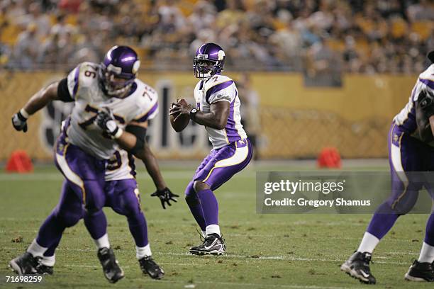 Quarterback Tavaris Jackson of the Minnesota Vikings drops back to pass during the NFL pre season game against the Pittsburgh Steelers on August 19,...