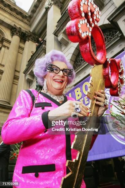 Australian entertainer Dame Edna Everage receives the Key to the City of Melbourne to commemorate 50 years on the stage, at Melbourne Town Hall on...