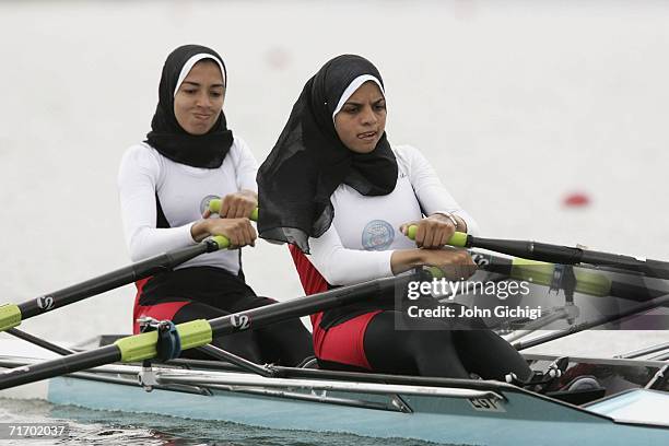 Manai Hassan, stroke, and Ola Ahmed of Egypt get under way in the Lightweight Women's Double Sculls repechage during the FISA World Rowing...