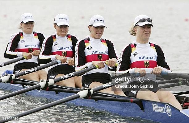 Stephanie Schiller, stroke, Jeannine Hennicke, Magdalena Schmude and Christiane Huth, bow, of Germany compete in the Women's Quadruple Sculls...