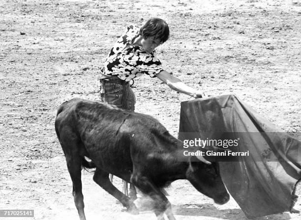 Spanish bullfighter Sebastián Palomo Martínez , known professionally as Palomo Linares, at a training session in Aranjuez, Madrid, Spain, 1972. .
