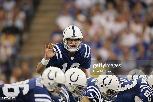 Quarterback Peyton Manning of the Indianapolis Colts calls a play during the preseason game against the Seattle Seahawks on August 20, 2006 at the...