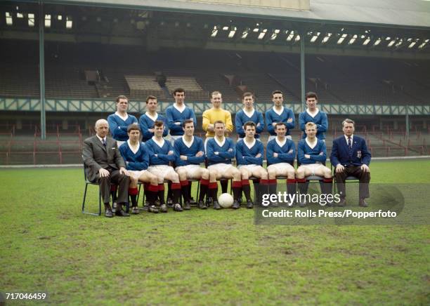 Scottish Division One team Rangers FC 1963-64 squad members pictured together at Ibrox Park Stadium in Glasgow in April 1964. The team are Back row,...