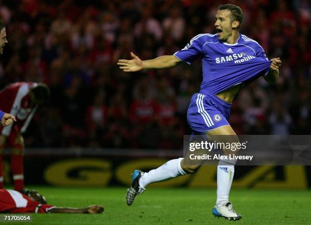 Andriy Shevchenko of Chelsea celebrates scoring the opening goal during the Barclays Premiership match between Middlesbrough and Chelsea at the...