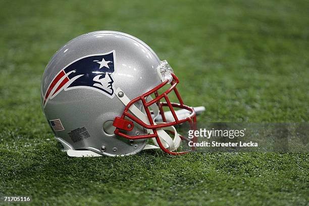 Detailed view of a New England Patriots helmet prior to the NFL preseason game between the New England Patriots and the Atlanta Falcons on August 11,...