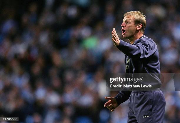 Stuart Pearce, manager of Manchester City looks on during the Barclays Premiership match between Manchester City and Portsmouth at the City of...
