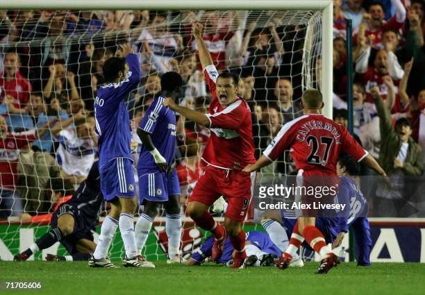 Mark Viduka of Middlesbrough celebrates scoring the winning goal during the Barclays Premiership match between Middlesbrough and Chelsea at the...