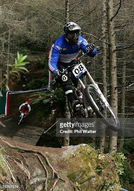Cedric Gracia of France takes a jump during a downhill practice run on the slopes of Mount Ngongotaha on day three of the Mountain Bike World...