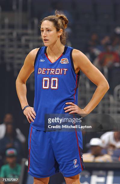 Ruth Riley of the Detroit Shock looks on during a game against the Washington Mystics at MCI Center on August 11, 2006 in Washington, D.C. The...