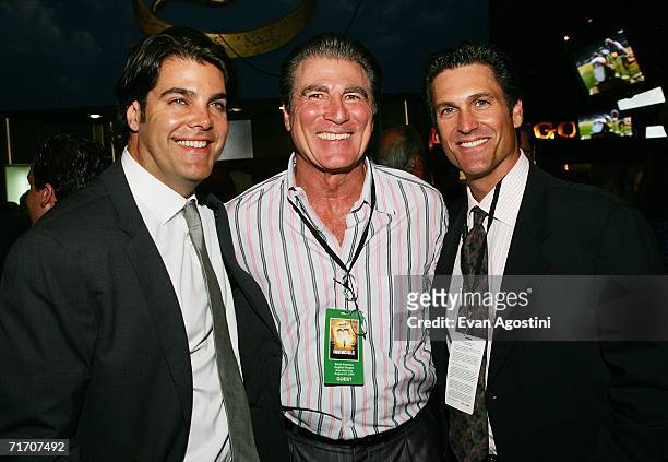 Producer Gordon Gray, Vince Papale and producer Mark Ciardi attend the "Invincible" premiere after party at The ESPN Zone August 23, 2006 in New York...