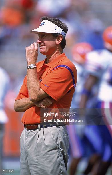 Head Coach Steve Spurrier of the Florida Gators looks on the field during the game against the LSU Tigers at the Ben Hill Griffin Stadium at Florida...