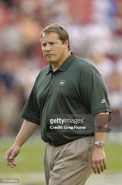 Head coach Eric Mangini of New York Jets on the field during warm-ups prior to the start of the NFL game against the Washington Redskins August 19,...
