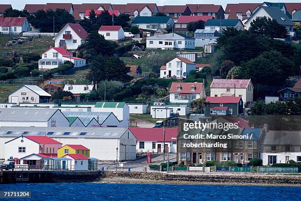 aerial view of the waterfront, stanley, east falkland, falkland islands, south atlantic, south america - port stanley falkland islands stock pictures, royalty-free photos & images