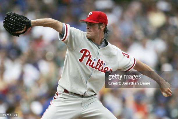 Starting pitcher Cole Hamels of the Philadelphia Phillies delivers the ball against the Chicago Cubs on August 24, 2006 at Wrigley Field in Chicago,...