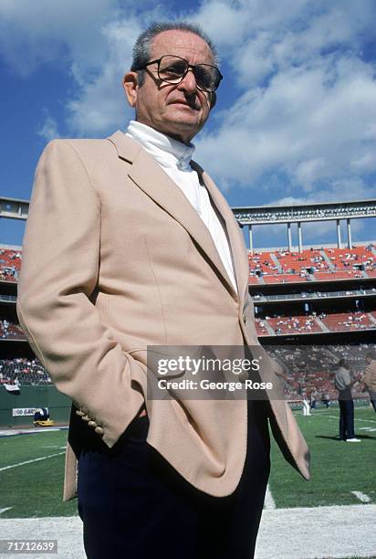 San Diego Chargers owner Alex Spanos looks on during a game against the Denver Broncos at Jack Murphy Stadium on November 29, 1987 in San Diego,...