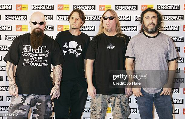 Kerry King, Dave Lombardo, Jeff Hanneman and Tom Araya of band Slayer arrive at the Kerrang! Awards 2005, the annual music magazine's prestigious...