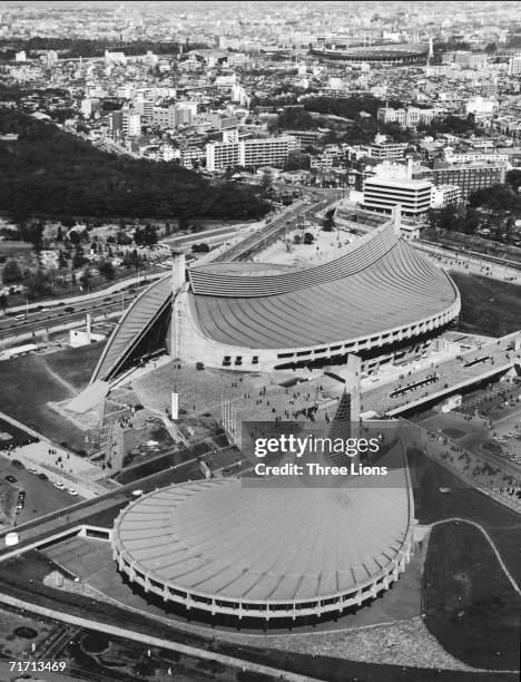 An aerial view of the Yoyogi National Gymnasium, circa 1965. Designed by Kenzo Tange to house the swimming and diving events in the 1964 Tokyo...