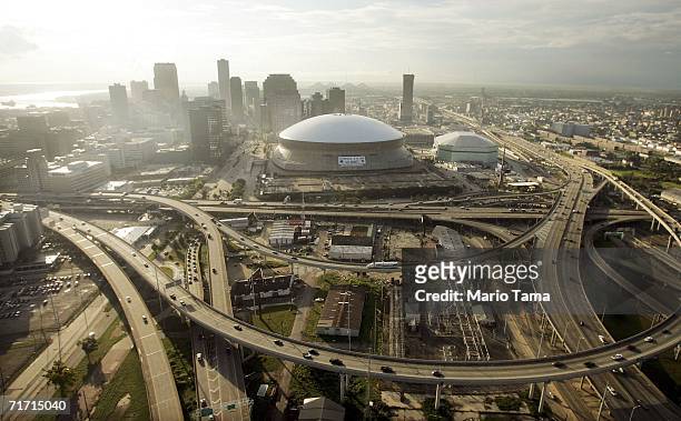 The repaired Louisiana Superdome sits near the city skyline are seen August 25, 2006 in New Orleans, Louisiana. The first anniversary of Hurricane...
