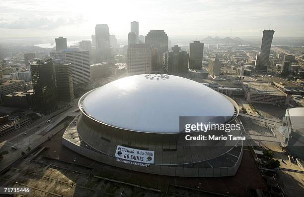 The repaired Louisiana Superdome and city skyline are seen August 25, 2006 in New Orleans, Louisiana. The first anniversary of Hurricane Katrina is...