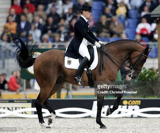 Isabell Werth of Germany rides on Satchmo during the Individual Dressage Final Special at the World Equestrian Games on August 25, 2006 in Aachen,...