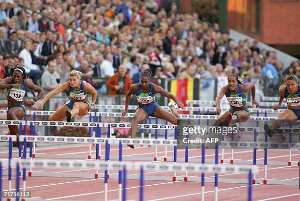 Danielle Carruthers, Swede Susana Kallur, winner US Michelle Perry, Jamaican Brigitte Foster-Hylton and US Lolo Jones vie in the women's 100 meters...