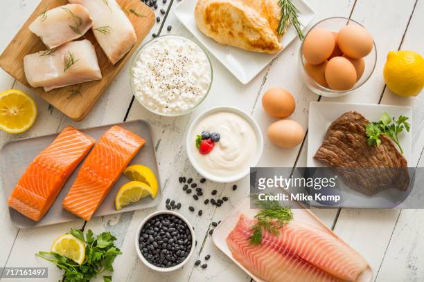 chicken meat, fish, cottage cheese, yogurt and eggs on white table - dairy product stock-fotos und bilder