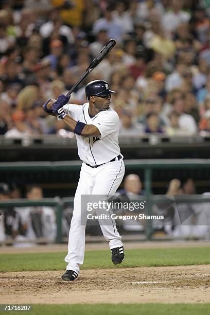 Outfielder Craig Monroe of the Detroit Tigers swings at a Chicago White Sox pitch during the game on August 23, 2006 at Comerica Park in Detroit,...