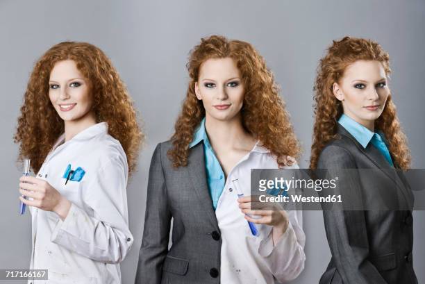 tryptich of the same woman in roles as chemist, business person and both - multiple images of the same woman stock pictures, royalty-free photos & images
