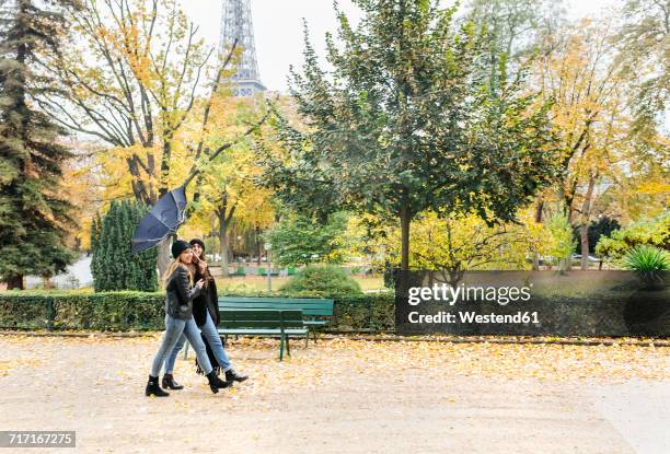 france, paris, two young women walking in park with the eiffel tower in the background - white and black women and umbrella stockfoto's en -beelden