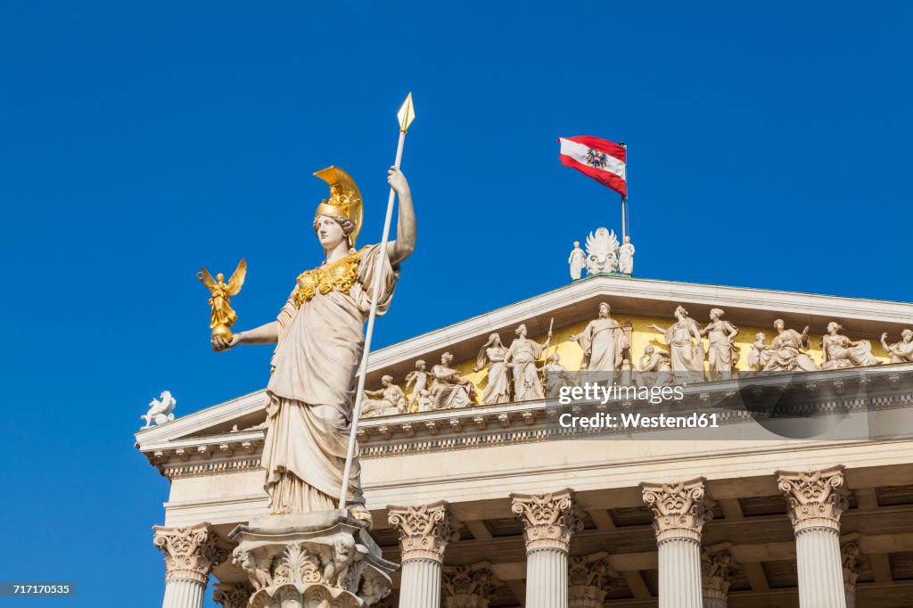 Austria, Vienna, parliament, Statue Pallas Athene, Austrian flag