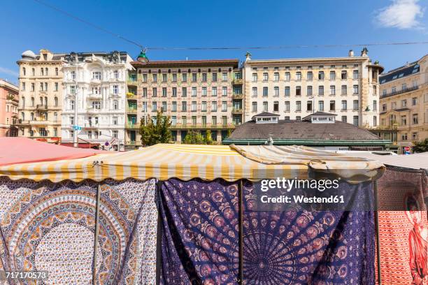 austria, vienna, naschmarkt, cloth market, wienzeilen houses - naschmarkt wien stock-fotos und bilder