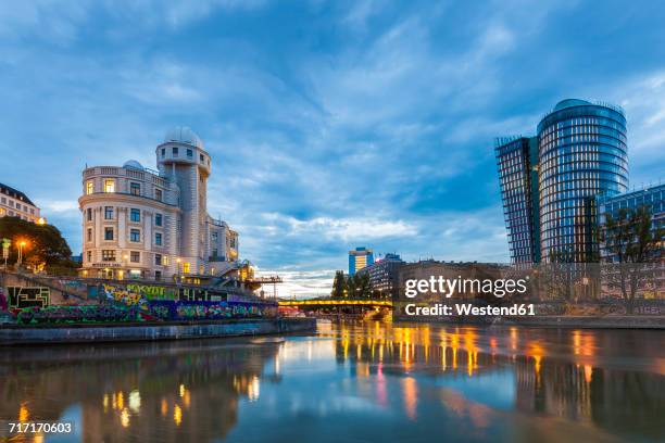 austria, vienna, danube canal, urania, observatory and cinema, uniqa tower - donau stock-fotos und bilder