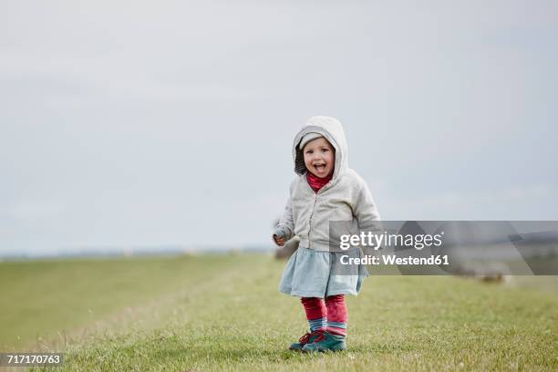 germany, schleswig-holstein, eiderstedt, happy little girl standing on dyke - deich stock-fotos und bilder