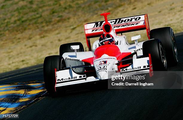 Helio Castroneves drives the Marlboro Team Penske Dallara Honda during practice for the IRL IndyCar Series Indy Grand Prix of Sonoma on August 25,...