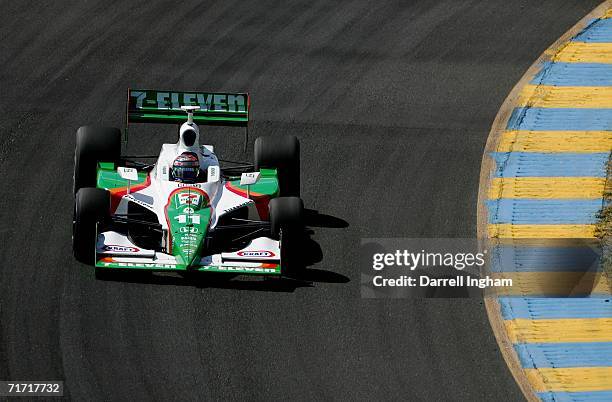 Tony Kanaan drives the Andretti Green Racing Team 7-Eleven Dallara Honda during practice for the IRL IndyCar Series Indy Grand Prix of Sonoma on...