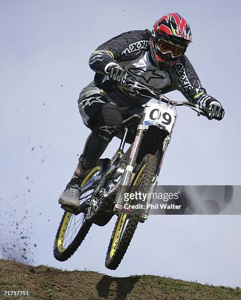 Greg Minnaar of South Africa in action during a practice run on the Downhill course on the slopes of Mount Ngongotaha on day five of the Mountain...