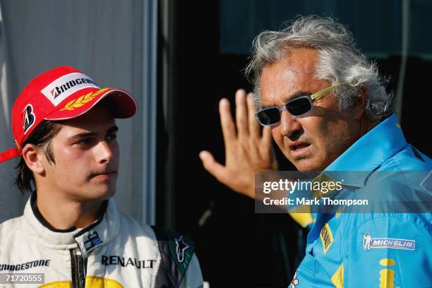 Flavio Briatore the managing director of Renault Formula One team talks to Nelson Piquet junior after qualifying for the Turkish Formula One Grand...