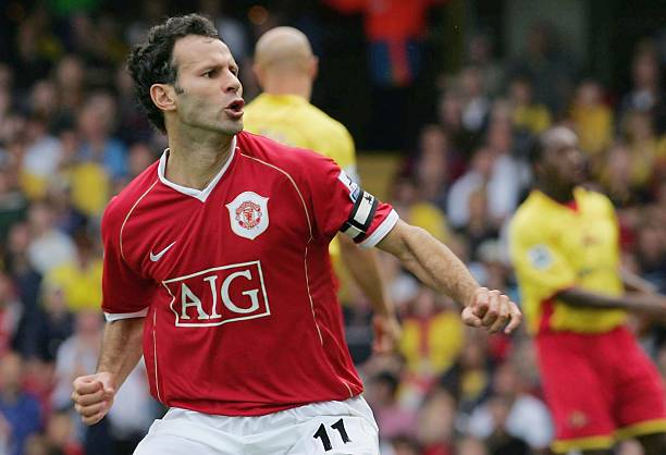 Ryan Giggs of Manchester United celebrates scoring the third goal during the Barclays Premiership match between Watford and Manchester United at...