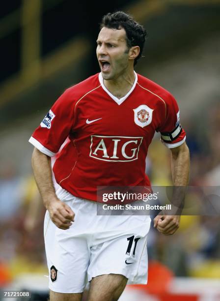 Ryan Giggs of Manchester United celebrates after scoring during the Barclays Premiership match between Watford and Manchester United at Vicarage Road...