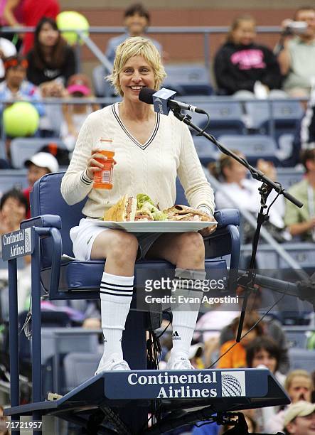 Personality Ellen Degeneres takes over judging duties on Arthur Ashe Kid's Day at the USTA National Tennis Center in Flushing Meadows Corona Park on...