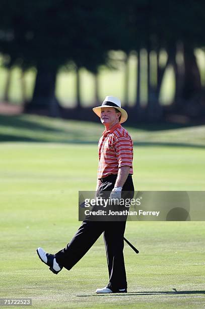 Tom Kite watches his shoto on the 15th hole during the third round of the Champions Tour Jeld-Wen Tradition on August 26, 2006 at The Reserve...