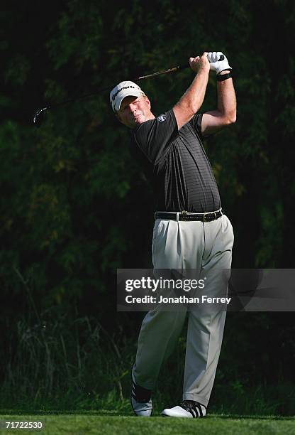 Lonnie Nielsen tees off on the 13th hole during the third round of the Champions Tour Jeld-Wen Tradition on August 26, 2006 at The Reserve Vineyard...