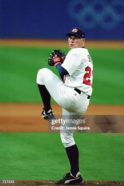 Ben Sheets of Team USA winds back to pitch the ball during the Men's Baseball game against Team Italy which is part of the Sydney Olympic Games at...