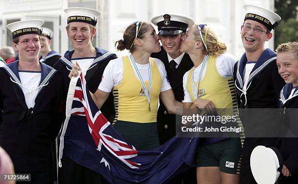 The Australian Lightweight Women's Double ScullsTeam of Amber Halliday and Marguerite Houston celebrate their silver medals with the cadets during...