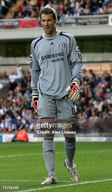 Petr Cech of Chelsea patrols his area during the Barclays Premiership match between Blackburn Rovers and Chelsea at Ewood Park on August 27, 2006 in...